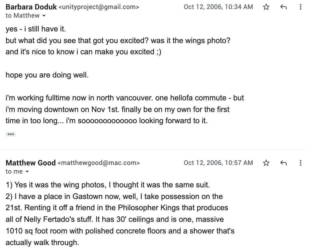 Matthew Good 2006 Emails to Barbara Doduk