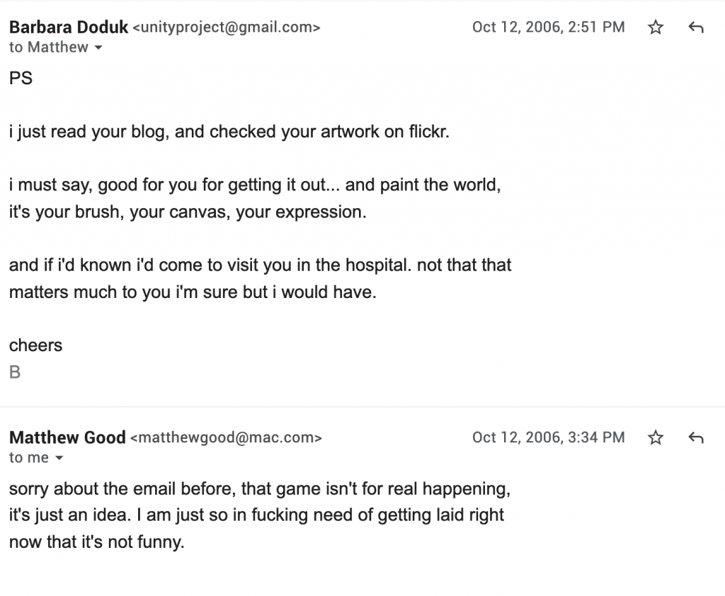 Matthew Good 2006 Emails to Barbara Doduk