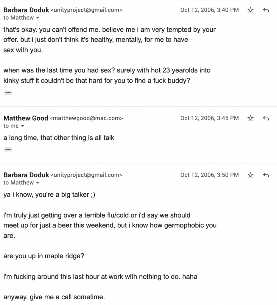 Matthew Good 2006 Emails to Barbara Doduk